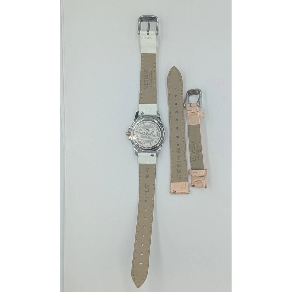 Invicta Angel Watch White 33mm Silver Rose Golden Diamond Leather Straps 12544